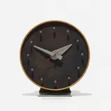 Masonite table clock, model 4767A by George Nelson & Associates, 1949, masonite, enameled aluminum, lacquered wood, enameled steel, walnut, map pins, sold Feb 2020