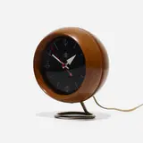 table clock, model 4765A by George Nelson & Associates, 1949, walnut, glass, brass-plated steel, enameled aluminum, brass, sold Feb 2020