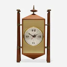Baroque table clock, model 2255 by George Nelson & Associates, 1957, walnut, brass, glass, aluminum, enameled aluminum, sold Feb 2020