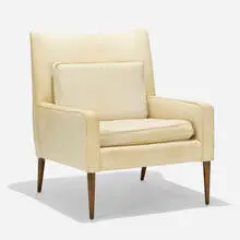 lounge chair, model 302 by Paul McCobb, c. 1955, upholstery, lacquered maple, sold Feb 2020