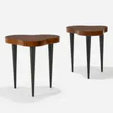 Gilbert Rohde, occasional tables model 4187, pair, 1941, paldao veneer, acacia burl, vinyl
