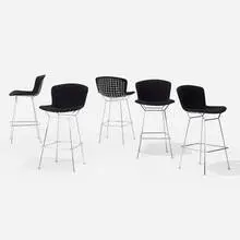 bar stools, set of five by Harry Bertoia, chrome-plated steel, upholstery, sold Feb 2020