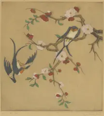 Lord Elyse Ash, Untitled, Lord Elyse Ash (1900-1971) Swallows and Prunus hand-coloured drypoint etching