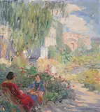 Joseph Kleitsch, A Conversation in a Mission Garden, 1924, oil on canvas