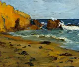 Karl Yens, Birds in Formation above a Rocky Coast, oil on board