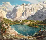Robert Clunie, Big Pine, 4th Lake, Evening, Mt Temple Crags, 1962, oil on canvas