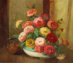Nell Walker Warner, Still Life with Flowers and Tea Kettle, oil on canvas