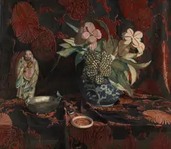 Julius Moessel, A Still Life with Flowers and Asian Objects, oil on canvas