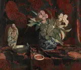 Julius Moessel, A Still Life with Flowers and Asian Objects, oil on canvas