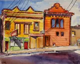 Stanley Wood, Storefront, 1925; Boat in Dry Dock, 1925 (a pair), first signed and dated 'S. Wood 2.23.25' (lower left); second signed and dated 'S. Wood 5.6.25' (lower left)