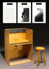 Bill Beckley, An Avoidance of Ann, 1972, wooden desk, stool, and three black and white photographs with text