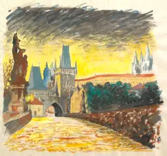 John Bowman, Pragues Castle from the Charles Bridge, 1984, paint on paper