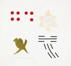 Good, Love, Medicine, Water by Tina Girouard, 1980, fabric and foil on paper, sold Nov 2005