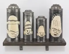 Barry McGee, Untitled, 1995, four painted spray paint cans with metal shelf