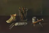 F. Miller, A Still Life with Cigars, Silver Dollars, Pocket Knife, a Shoe and Matches, oil on canvas