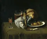 A Still Life with Bread, Sausages, Drinks and a Meerschaum Pipe by American School, oil on canvas, offered Dec 2005