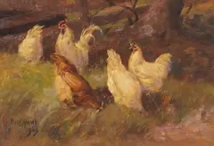 Paul E. Harney, Jr., Chickens in a Meadow, 1909; Chickens in a Barnyard, 1906; A View of a Farm, 1907 (a group of three), first oil on canvas board; second and third oil on canvas