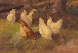 Paul E. Harney, Jr., Chickens in a Meadow, 1909; Chickens in a Barnyard, 1906; A View of a Farm, 1907 (a group of three), first oil on canvas board; second and third oil on canvas