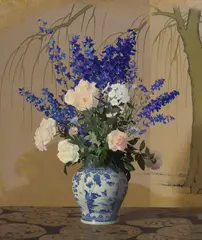 Hermann Dudley Murphy, A Still Life with Delphiniums and Roses in a Blue and White Porcelain Vase, oil on canvas