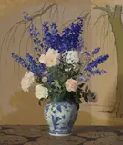 Hermann Dudley Murphy, A Still Life with Delphiniums and Roses in a Blue and White Porcelain Vase, oil on canvas