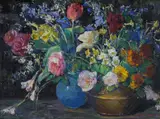 Kathryn E. Bard Cherry, A Still Life with Roses, Daffodils and Other Flowers in Two Vases, oil on board