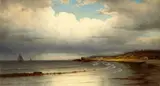 Willem Frederik de Haas, Waves Lapping in a Quiet Cove with Sailboats Offshore, 1875, oil on canvas