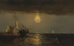 Elisha Taylor Baker, An Evening Seascape with Men Warming Themselves by a Fire Next to a Beached Vessel, oil on canvas