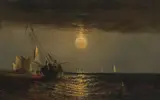 Elisha Taylor Baker, An Evening Seascape with Men Warming Themselves by a Fire Next to a Beached Vessel, oil on canvas