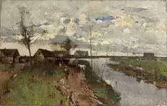 Sarah E. Melendy Westcott, A Village Along a River in Spring, 1853, oil on canvas
