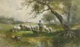 A Shepherd, his Dog, and his Flock in a Pasture by Hugo Anton Fisher, pencil, watercolor and gouache on paper board, sold Dec 2005