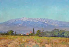 Theodore Clement Steele, Rooftops in a Valley, 1902, oil on canvas