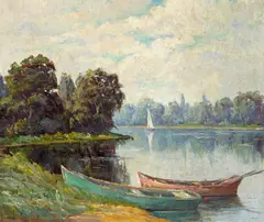 Lee Hayes, Rowboats on a Lakeshore, oil on canvas laid down