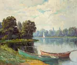 Lee Hayes, Rowboats on a Lakeshore, oil on canvas laid down