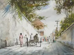 Herbert Vincent Olsen, Street Scene, Hamilton, Bermuda, pencil and watercolor on paper