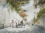 Herbert Vincent Olsen, Street Scene, Hamilton, Bermuda, pencil and watercolor on paper