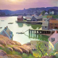 George Ames Aldrich, A Port Town at Dawn, oil on masonite
