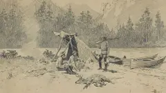 Henry Farny, Hunters Making Camp by a River, ink on paper