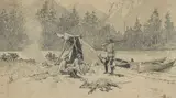 Henry Farny, Hunters Making Camp by a River, ink on paper
