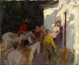 Laverne Nelson Black, Cowboys Tying up Horses by an Adobe, oil on canvas