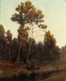Harold Arthur Streator, Two People at a Campfire on a Riverbank, oil on canvas