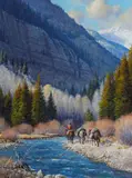 Martin Grelle, A Cowboy and Two Packhorses along a River