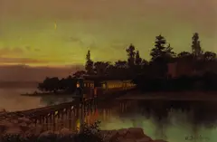 Marius Dahlgren, A Steam Locomotive Crossing a Trestle Bridge in the Moonlight, oil on canvas