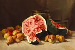 A Still Life with Watermelon, Pears and Apples by William Hubacek, 1910, oil on canvas, sold Dec 2005