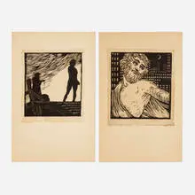 Wharton Esherick, The Great City; The Headsman (two works from the Song of the Broad-Axe suite), 1924, woodcut on rice paper