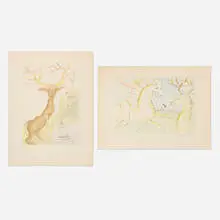 Salvador Dalí, The Horse that Wanted Revenge on the Stag; The Stag Reflected in the Water (two works from Le Bestiaire de La Fontaine Dalinisé portfolio), 1974, drypoint etching in colors (one with stencil) on Auvergne
