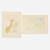 Salvador Dalí, The Horse that Wanted Revenge on the Stag; The Stag Reflected in the Water (two works from Le Bestiaire de La Fontaine Dalinisé portfolio), 1974, drypoint etching in colors (one with stencil) on Auvergne