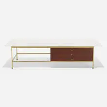 Irwin Collection coffee table, model 8705 by Paul McCobb, 1952, milk glass, brass, mahogany, sold Feb 2020