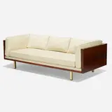 Milo Baughman, sofa, c. 1968, mohair upholstery, walnut, brass-plated steel
