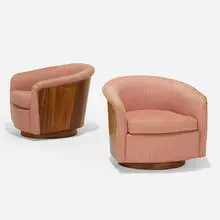 lounge chairs, pair by Milo Baughman, c. 1970, rosewood, upholstery, sold Feb 2020