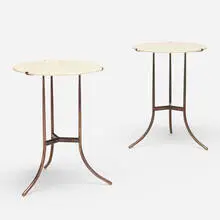 occasional tables, pair by Cedric Hartman, c. 1970, marble, brass, sold Jan 2020